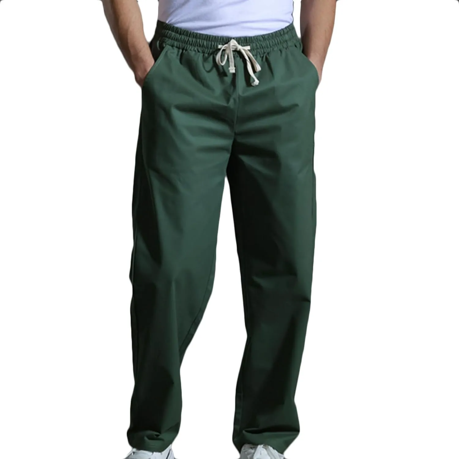 Mens Casual Cotton Pants Elastic Waist Drawstring Straight Leg Trousers Lightweight Breathable Pants with Pockets