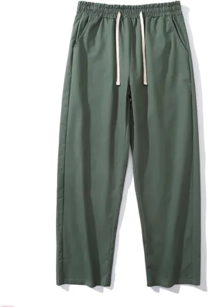 Mens Casual Cotton Pants Elastic Waist Drawstring Straight Leg Trousers Lightweight Breathable Pants with Pockets