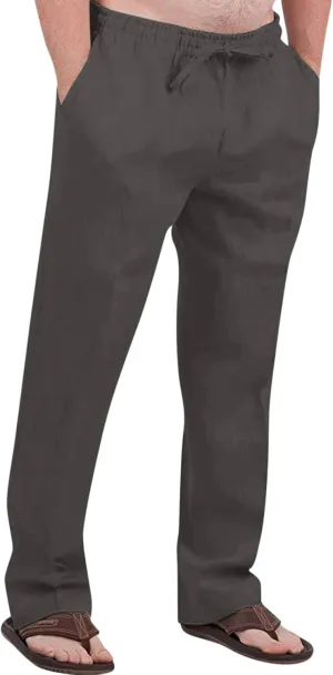 Men's Cotton Linen Pants Elastic Waist Drawstring Pants Lightweight Casual Pants Summer Beach Pants with Pockets
