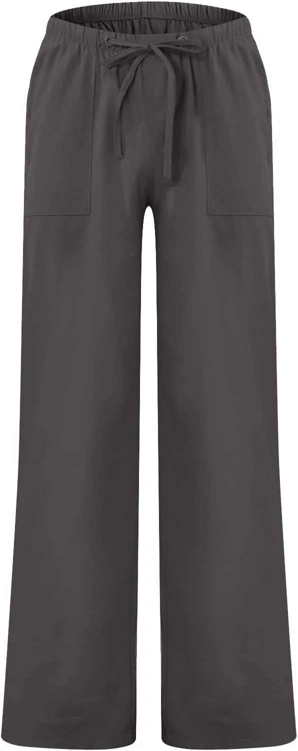 Men's Cotton Linen Pants Elastic Waist Drawstring Pants Lightweight Casual Pants Summer Beach Pants with Pockets