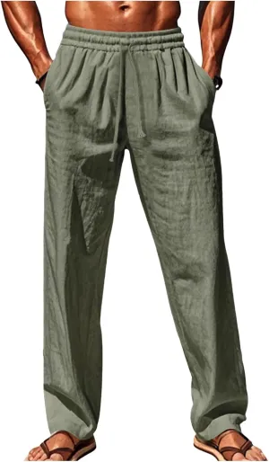 Men's Cotton Linen Pants Loose Fit Casual Straight Legs Summer Beach Trousers with Elastic Waist Drawstring