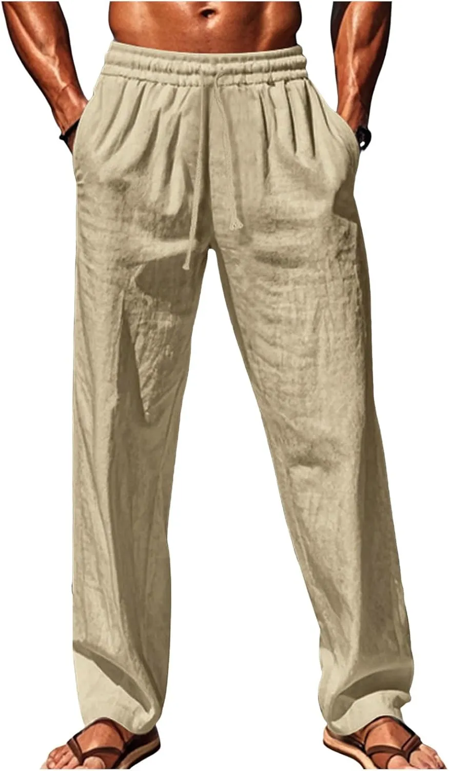 Men's Cotton Linen Pants Loose Fit Casual Straight Legs Summer Beach Trousers with Elastic Waist Drawstring