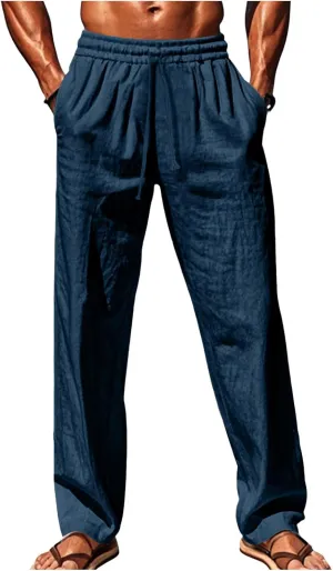 Men's Cotton Linen Pants Loose Fit Casual Straight Legs Summer Beach Trousers with Elastic Waist Drawstring