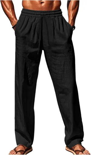 Men's Cotton Linen Pants Loose Fit Casual Straight Legs Summer Beach Trousers with Elastic Waist Drawstring