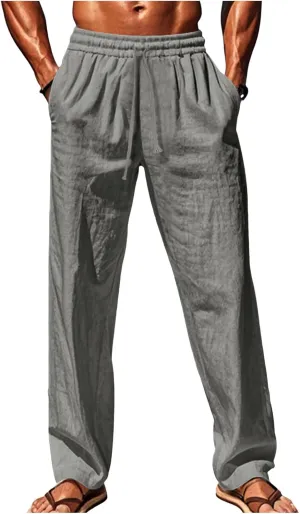 Men's Cotton Linen Pants Loose Fit Casual Straight Legs Summer Beach Trousers with Elastic Waist Drawstring
