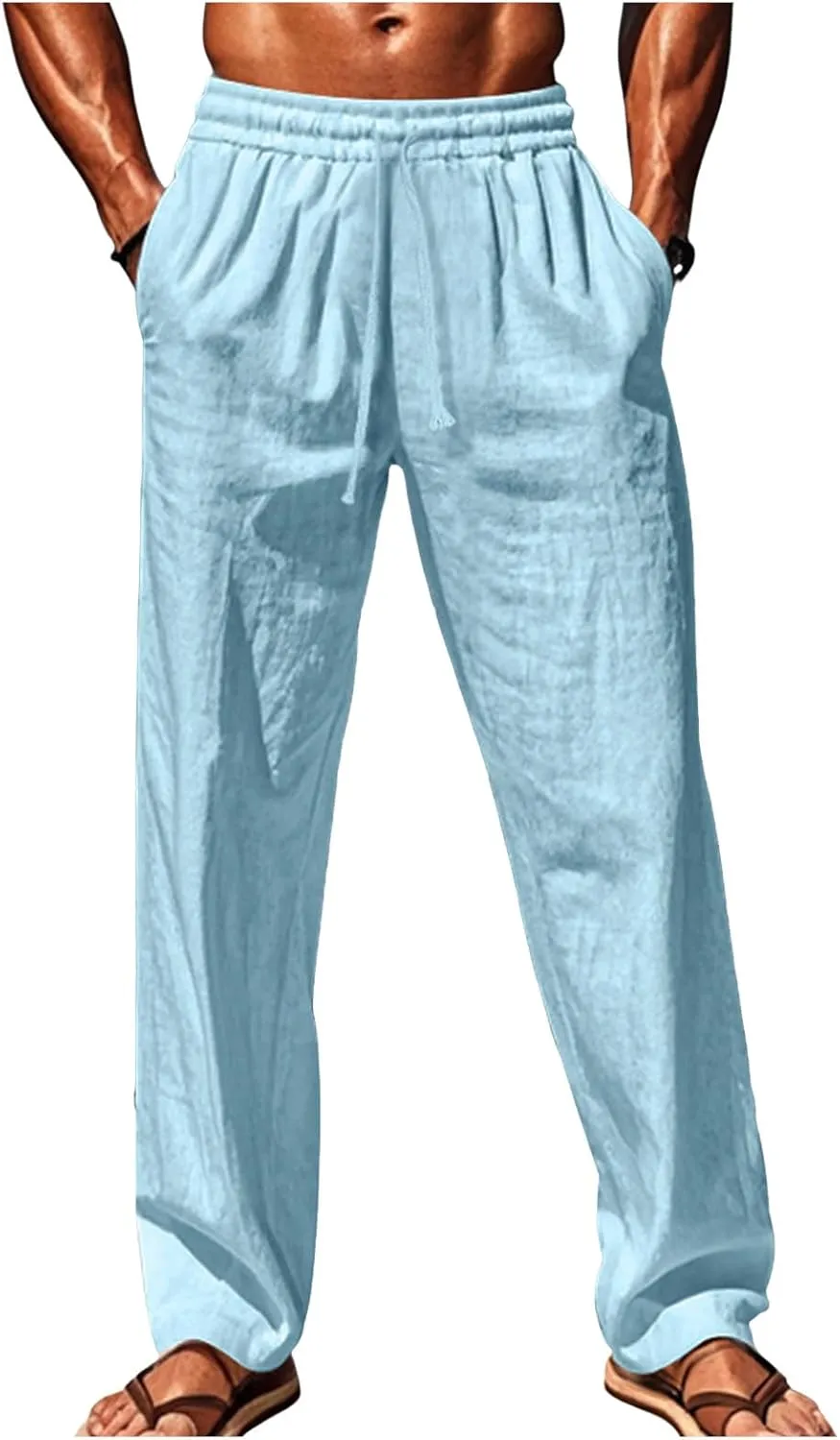 Men's Cotton Linen Pants Loose Fit Casual Straight Legs Summer Beach Trousers with Elastic Waist Drawstring