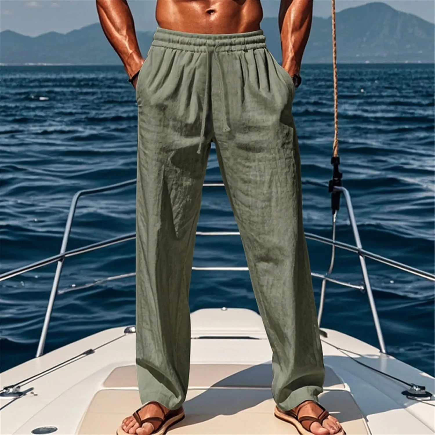 Men's Cotton Linen Pants Loose Fit Casual Straight Legs Summer Beach Trousers with Elastic Waist Drawstring