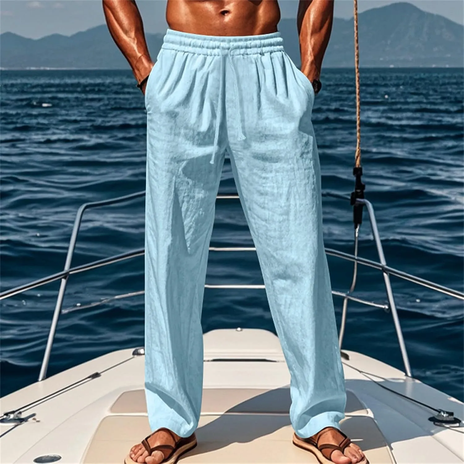 Men's Cotton Linen Pants Loose Fit Casual Straight Legs Summer Beach Trousers with Elastic Waist Drawstring