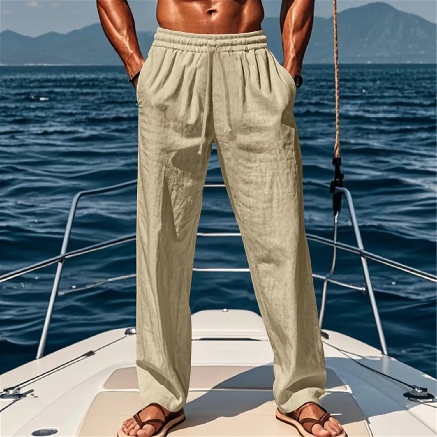 Men's Cotton Linen Pants Loose Fit Casual Straight Legs Summer Beach Trousers with Elastic Waist Drawstring