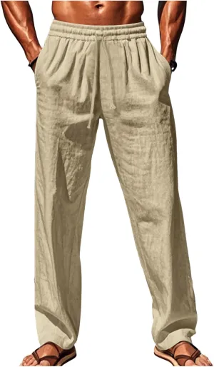 Men's Cotton Linen Pants Loose Fit Casual Straight Legs Summer Beach Trousers with Elastic Waist Drawstring