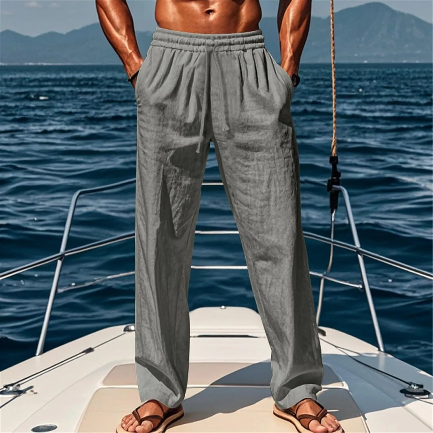 Men's Cotton Linen Pants Loose Fit Casual Straight Legs Summer Beach Trousers with Elastic Waist Drawstring