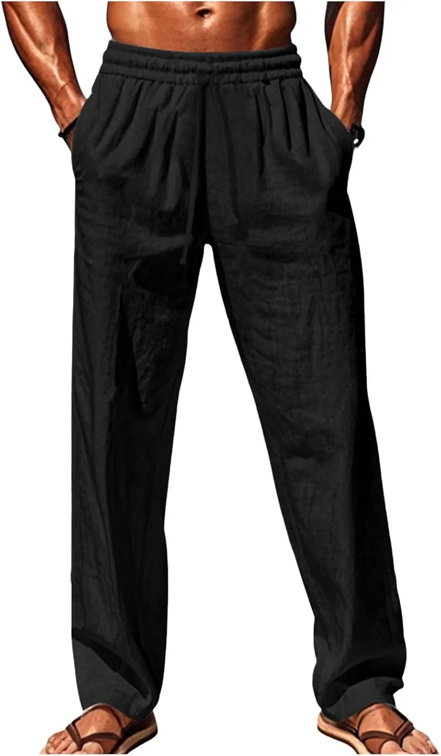 Men's Cotton Linen Pants Loose Fit Casual Straight Legs Summer Beach Trousers with Elastic Waist Drawstring