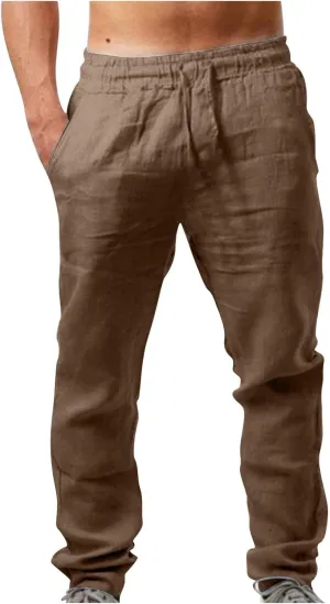 Men's Cotton Linen Trousers Casual Elastic Waist Pants Yoga Pants Straight Leg Sweatpant Drawstring Pants Quick Dry