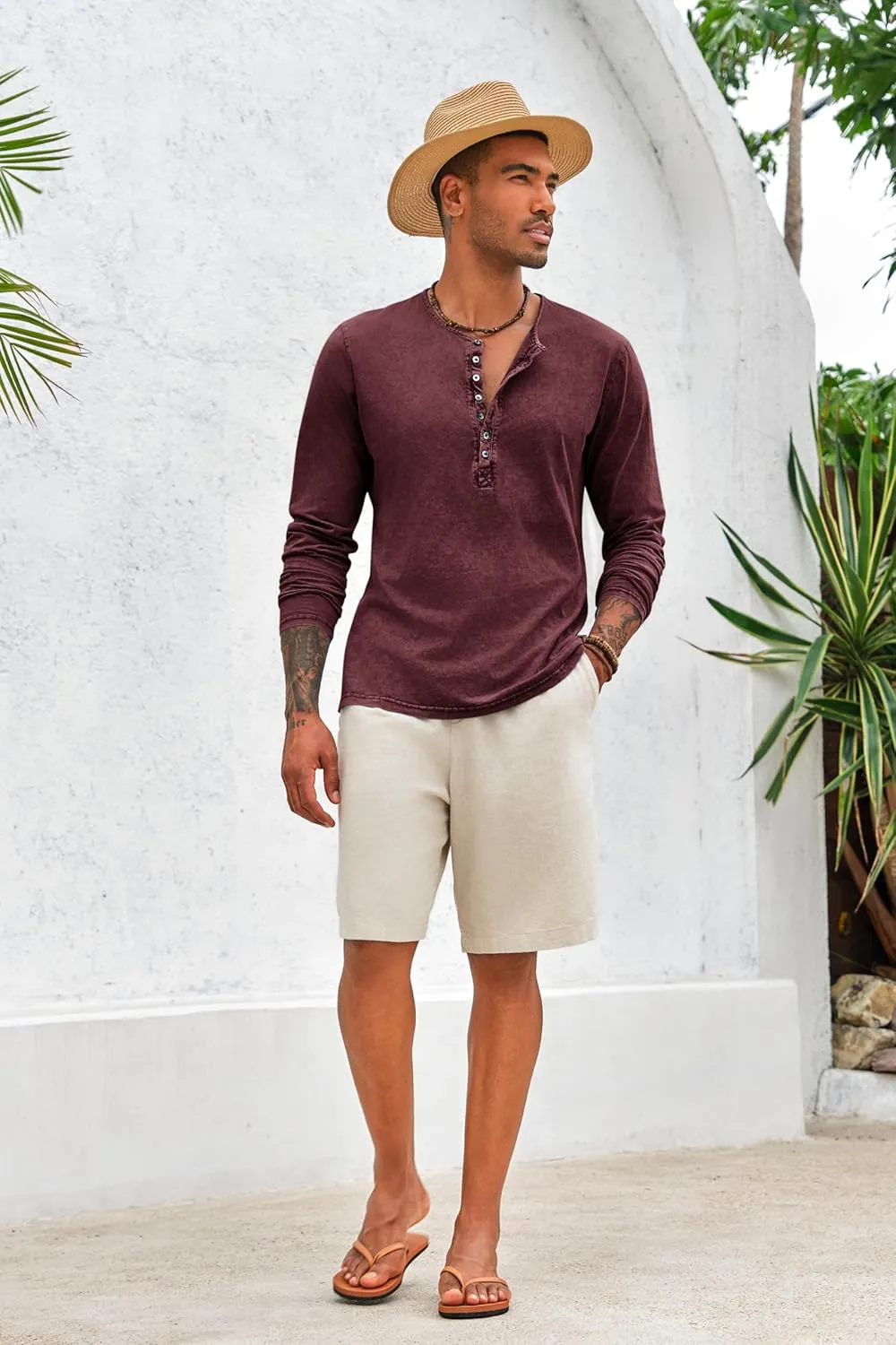 Mens Distressed Henley Shirts Front Placket Retro Long Sleeve Tee Shirts Casual Button Down Washed T-Shirts for Men