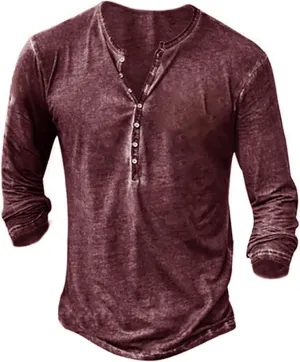 Mens Distressed Henley Shirts Front Placket Retro Long Sleeve Tee Shirts Casual Button Down Washed T-Shirts for Men
