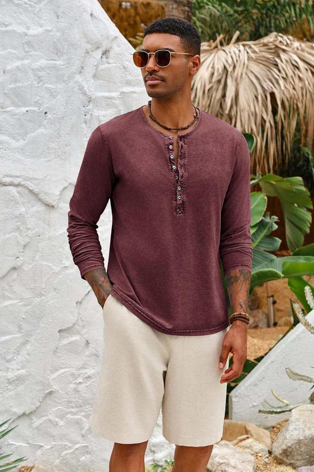 Mens Distressed Henley Shirts Front Placket Retro Long Sleeve Tee Shirts Casual Button Down Washed T-Shirts for Men