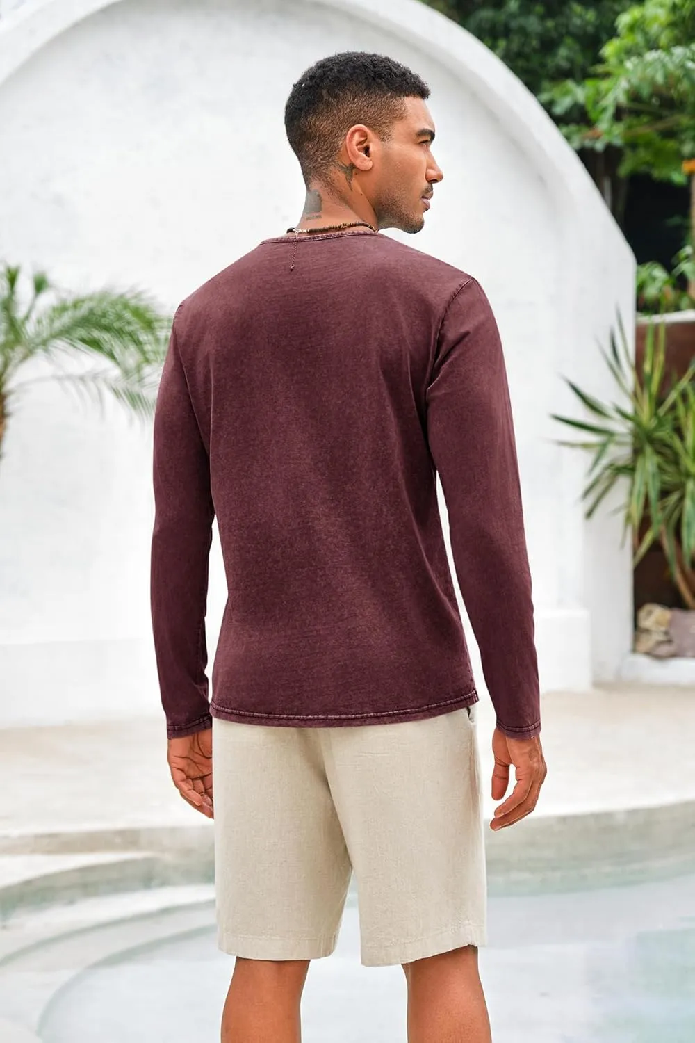 Mens Distressed Henley Shirts Front Placket Retro Long Sleeve Tee Shirts Casual Button Down Washed T-Shirts for Men