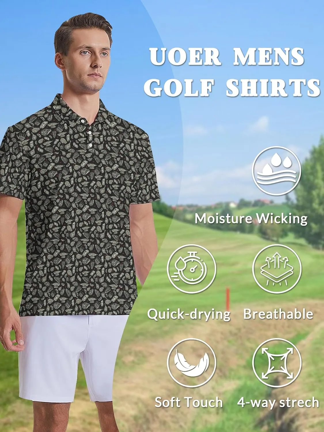 Men's Golf Shirts Moisture Wicking Quick Dry Performance Golf Polo Shirts for Men Fashion Print Short Sleeve Polo Shirts