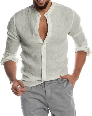 Mens Linen Button Down Shirts Casual Stylish Long Sleeve Business Dress Shirts Band Collar Summer Beach T Shirts Tops