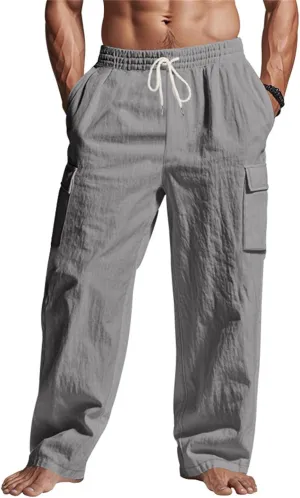 Mens Linen Cargo Pants Relaxed Fit Drawstring Waist Beach Pants with Pockets Casual Summer Lightweight Trousers