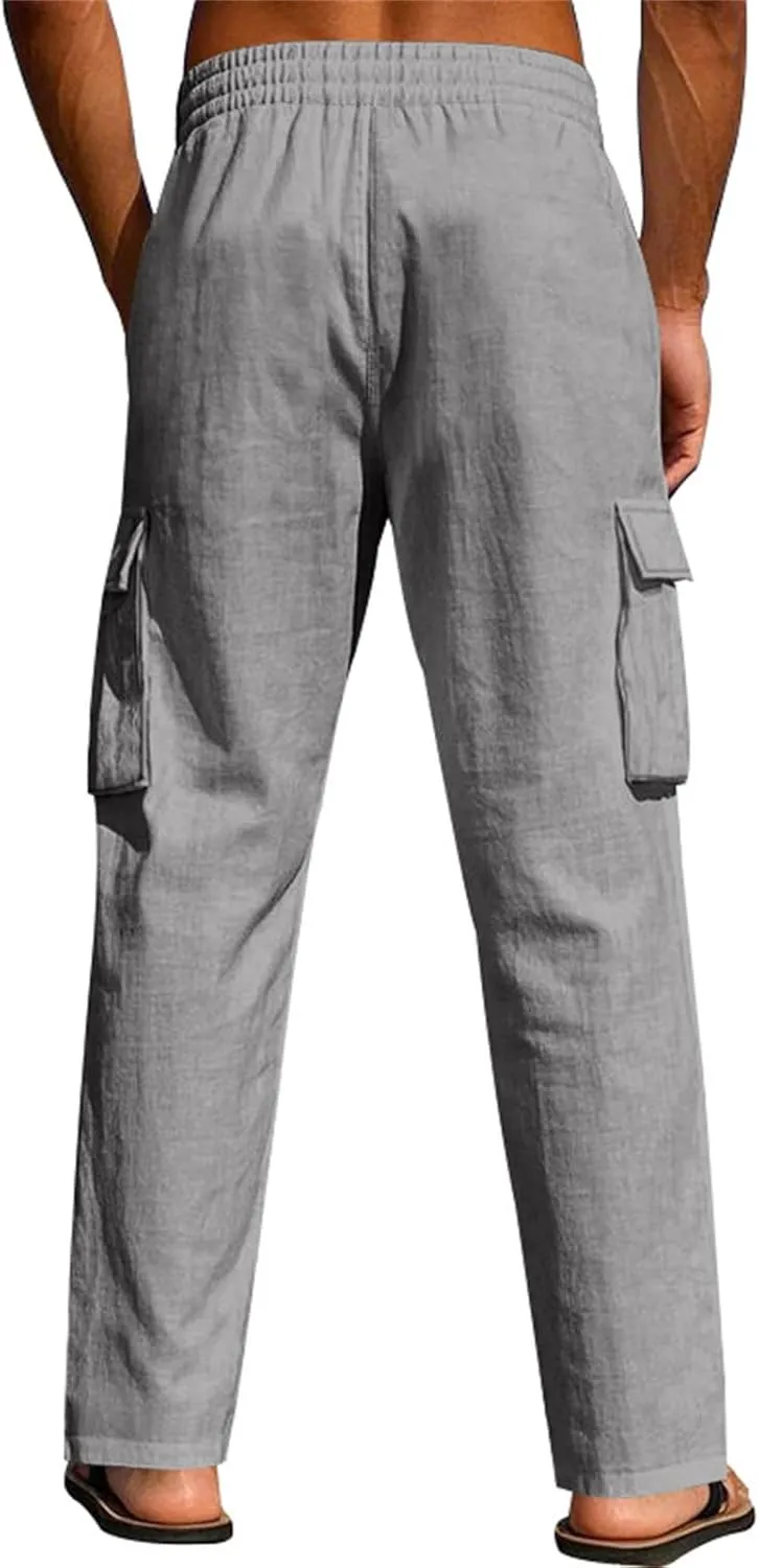 Mens Linen Cargo Pants Relaxed Fit Drawstring Waist Beach Pants with Pockets Casual Summer Lightweight Trousers