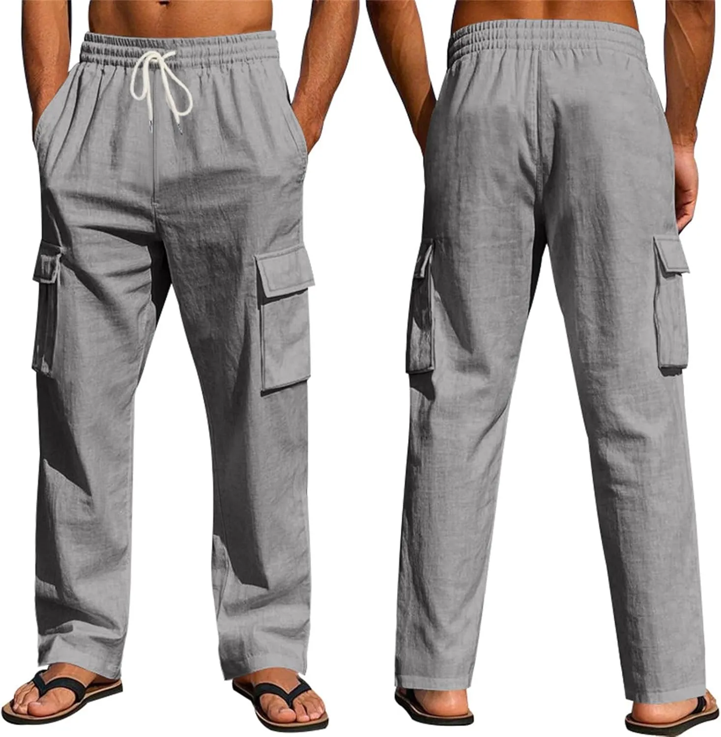 Mens Linen Cargo Pants Relaxed Fit Drawstring Waist Beach Pants with Pockets Casual Summer Lightweight Trousers