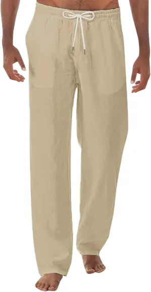 Men's Linen Drawstring Pants Baggy Elastic Waist Trouser Loose Fit Casual Lightweight Yoga Summer Beach Pants
