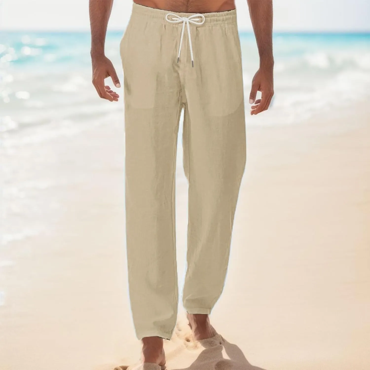 Men's Linen Drawstring Pants Baggy Elastic Waist Trouser Loose Fit Casual Lightweight Yoga Summer Beach Pants