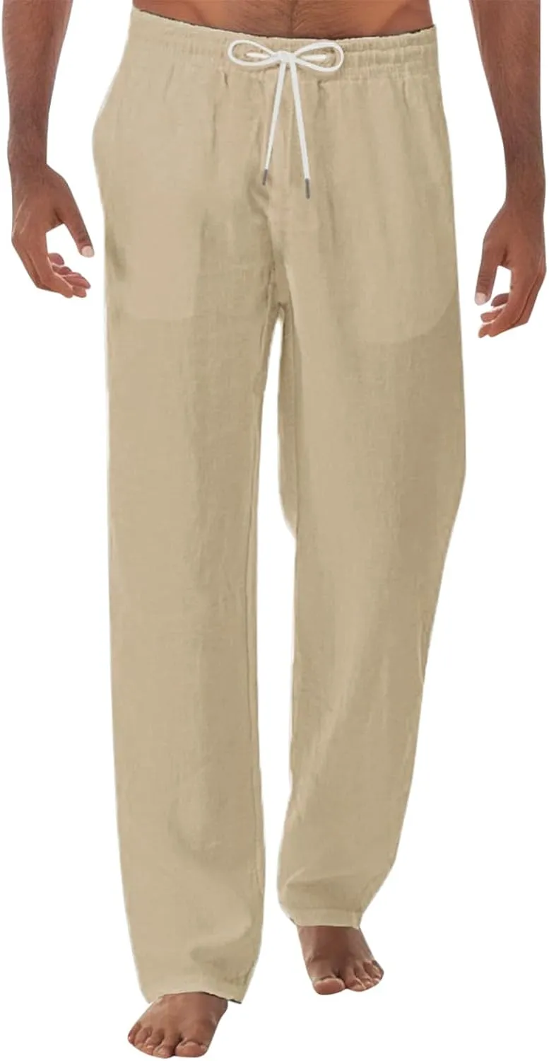 Men's Linen Drawstring Pants Baggy Elastic Waist Trouser Loose Fit Casual Lightweight Yoga Summer Beach Pants