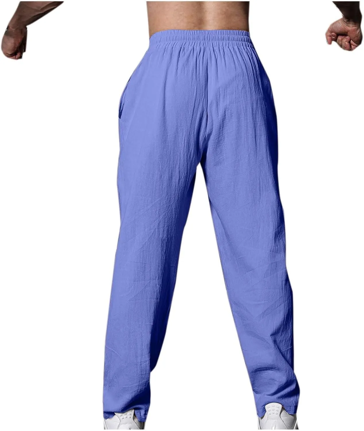 Mens Linen Pants Casual Pants Drawstring Beach Trousers Relaxed-Fit Yoga Pants Summer Elastic Waist Pants
