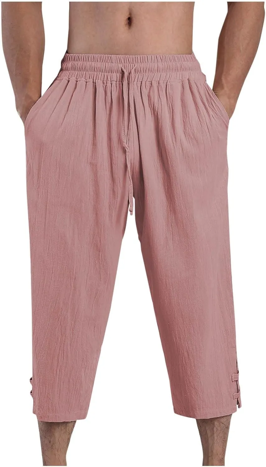 Men's Linen Pants Casual Pants Drawstring Beach Trousers Relaxed-Fit Yoga Pants Summer Elastic Waist Pants