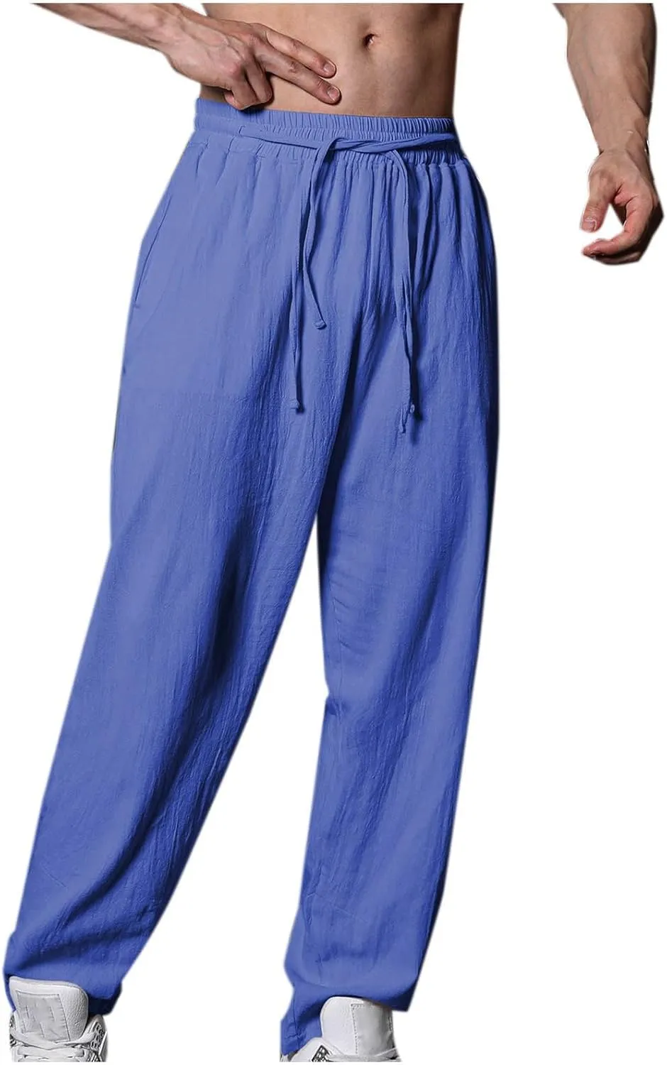 Mens Linen Pants Casual Pants Drawstring Beach Trousers Relaxed-Fit Yoga Pants Summer Elastic Waist Pants