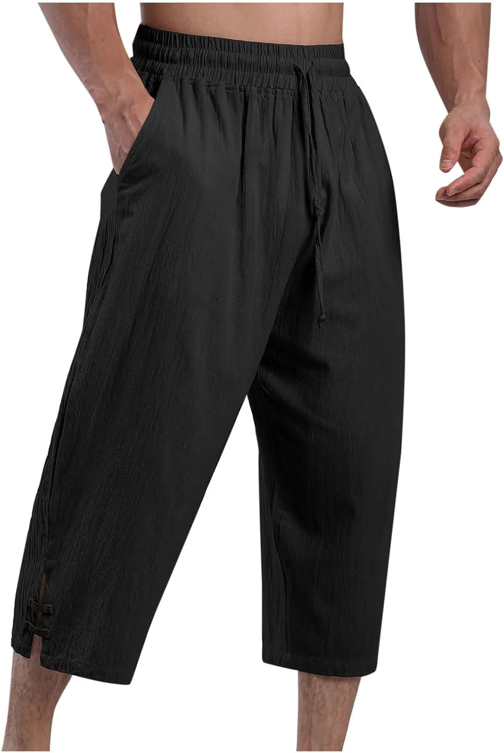 Men's Linen Pants Casual Pants Drawstring Beach Trousers Relaxed-Fit Yoga Pants Summer Elastic Waist Pants