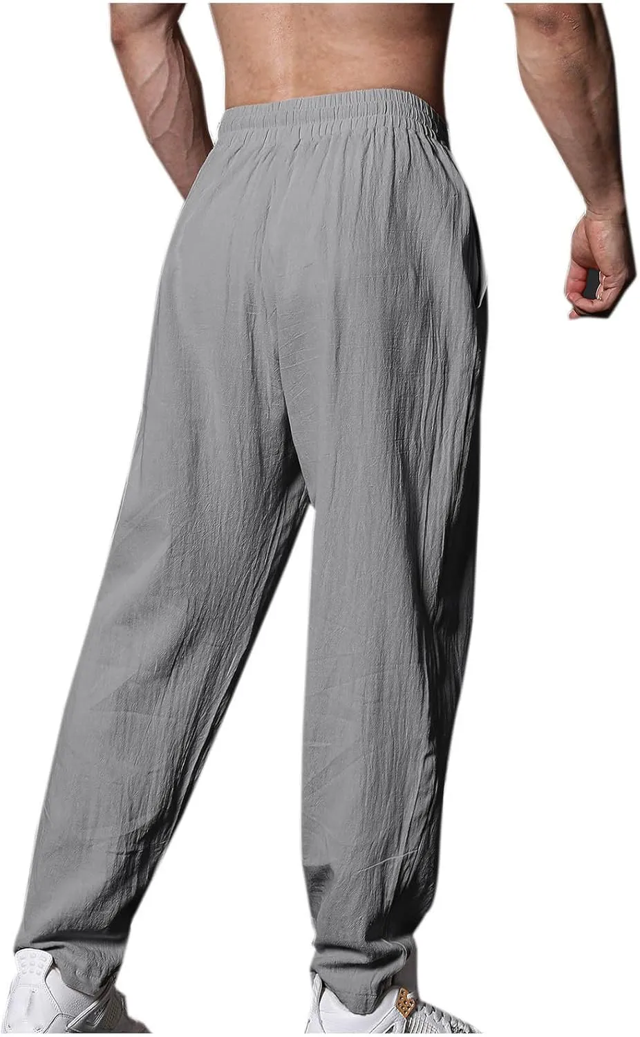 Mens Linen Pants Casual Pants Drawstring Beach Trousers Relaxed-Fit Yoga Pants Summer Elastic Waist Pants