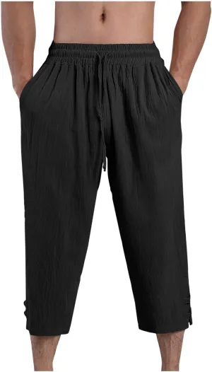 Men's Linen Pants Casual Pants Drawstring Beach Trousers Relaxed-Fit Yoga Pants Summer Elastic Waist Pants