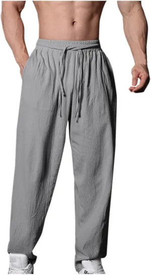 Mens Linen Pants Casual Pants Drawstring Beach Trousers Relaxed-Fit Yoga Pants Summer Elastic Waist Pants