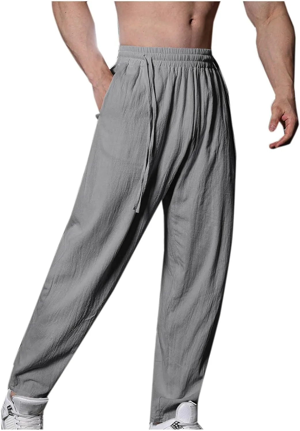 Mens Linen Pants Casual Pants Drawstring Beach Trousers Relaxed-Fit Yoga Pants Summer Elastic Waist Pants
