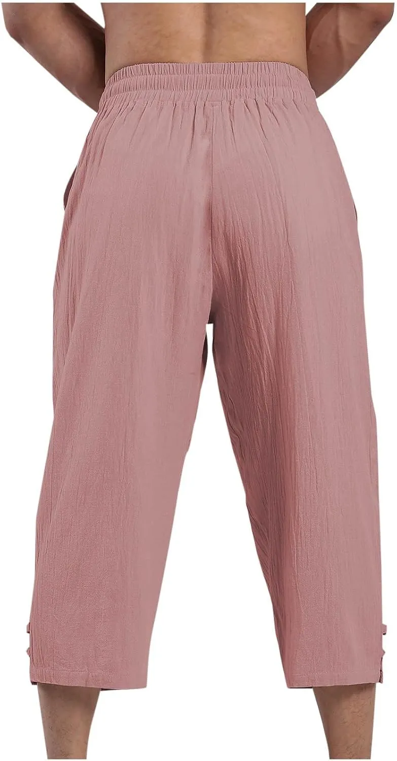 Men's Linen Pants Casual Pants Drawstring Beach Trousers Relaxed-Fit Yoga Pants Summer Elastic Waist Pants