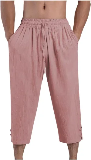 Men's Linen Pants Casual Pants Drawstring Beach Trousers Relaxed-Fit Yoga Pants Summer Elastic Waist Pants