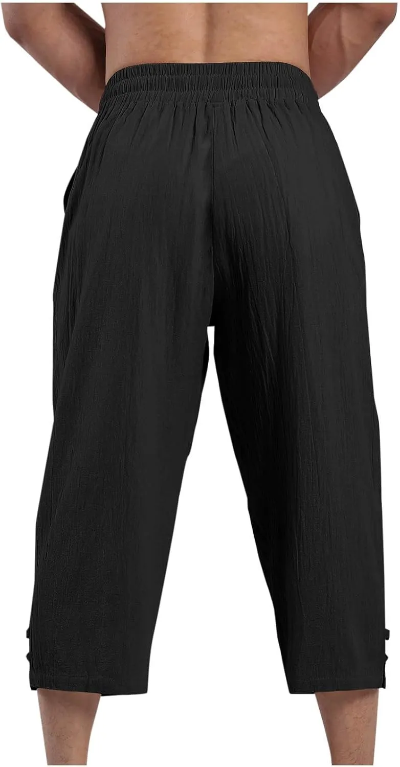 Men's Linen Pants Casual Pants Drawstring Beach Trousers Relaxed-Fit Yoga Pants Summer Elastic Waist Pants