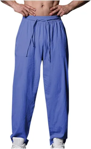 Mens Linen Pants Casual Pants Drawstring Beach Trousers Relaxed-Fit Yoga Pants Summer Elastic Waist Pants