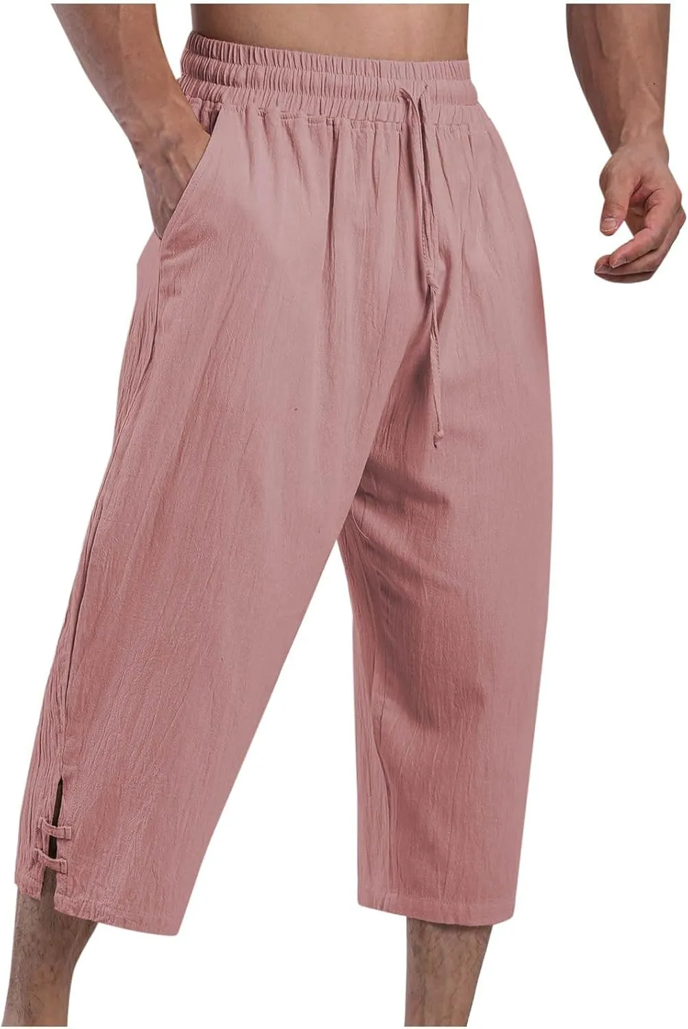 Men's Linen Pants Casual Pants Drawstring Beach Trousers Relaxed-Fit Yoga Pants Summer Elastic Waist Pants