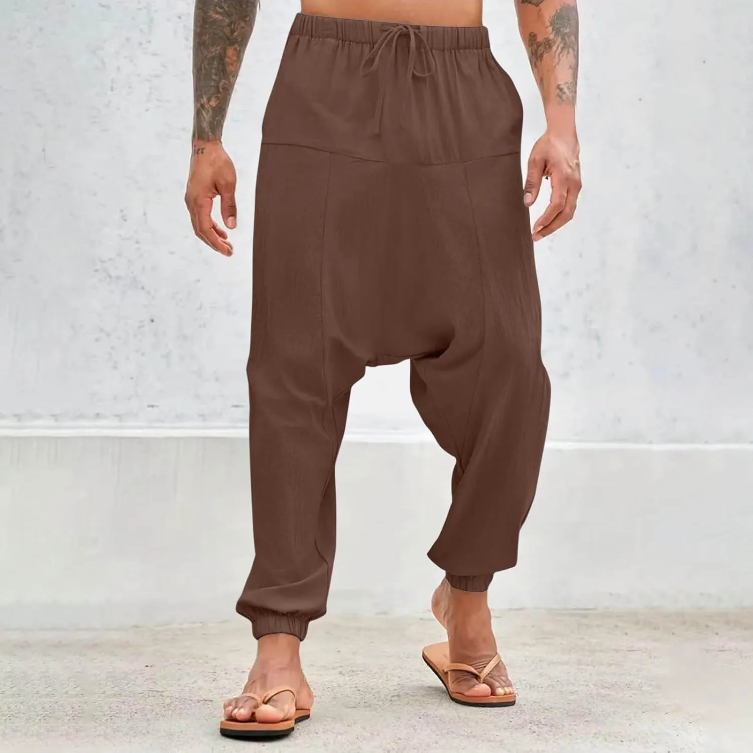 Men's Linen Pants Casual Pants Relaxed-Fit Beach Pants Summer Trousers Drawstring Elastic Waist Pants