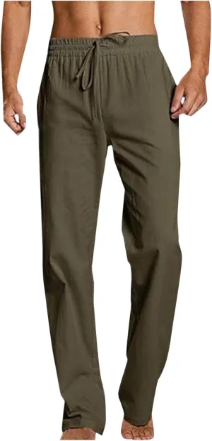 Mens Linen Pants Casual Pants Relaxed-Fit Beach Pants Summer Trousers Drawstring Elastic Waist Pants