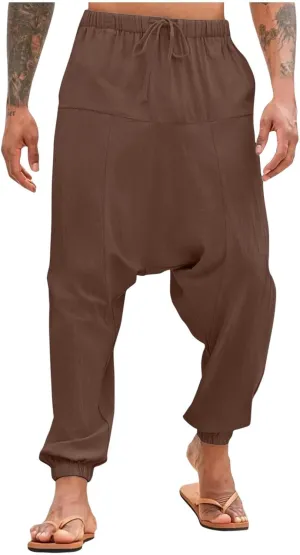 Men's Linen Pants Casual Pants Relaxed-Fit Beach Pants Summer Trousers Drawstring Elastic Waist Pants