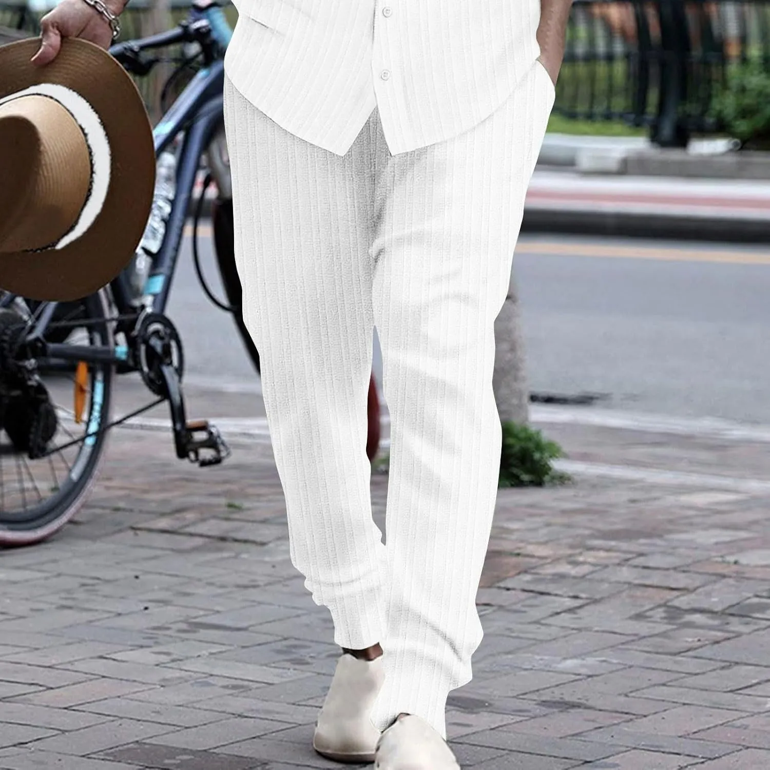 Men's Linen Pants Casual Pants Relaxed-Fit Beach Trousers Summer Yoga Pants Drawstring Elastic Waist Pants