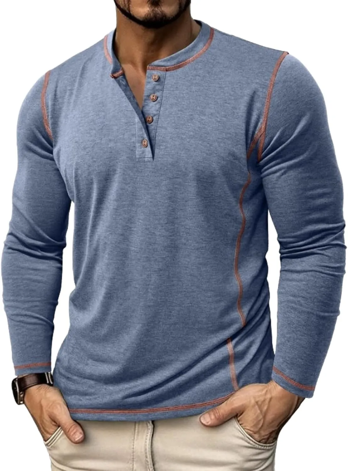 Mens Long Sleeve Tee Shirts Casual Basic Henley Shirts Lightweight Cotton Soft T-Shirts