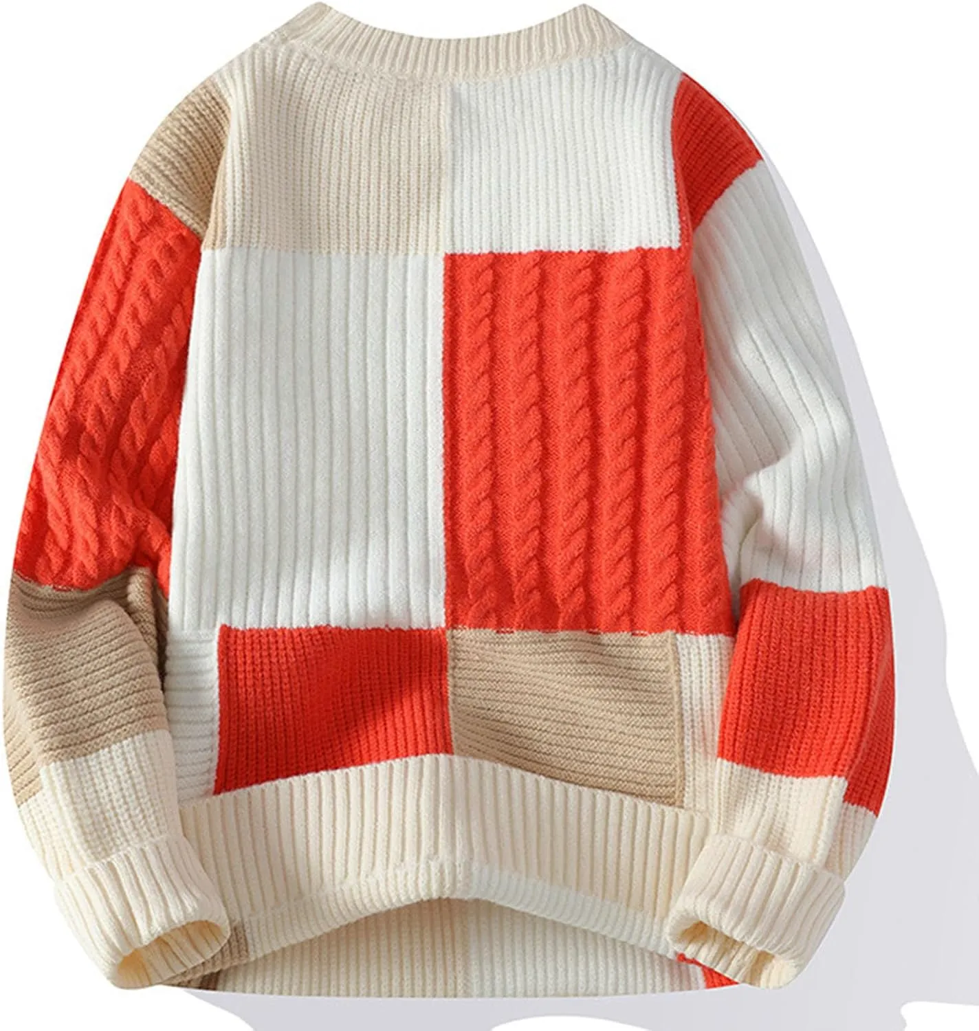 Men's Oversized Color Blocked Knitted Sweater Long Sleeve Crewneck Pullover Casual Jumper Fall Winter Fashion Loose Warm Top