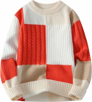 Men's Oversized Color Blocked Knitted Sweater Long Sleeve Crewneck Pullover Casual Jumper Fall Winter Fashion Loose Warm Top