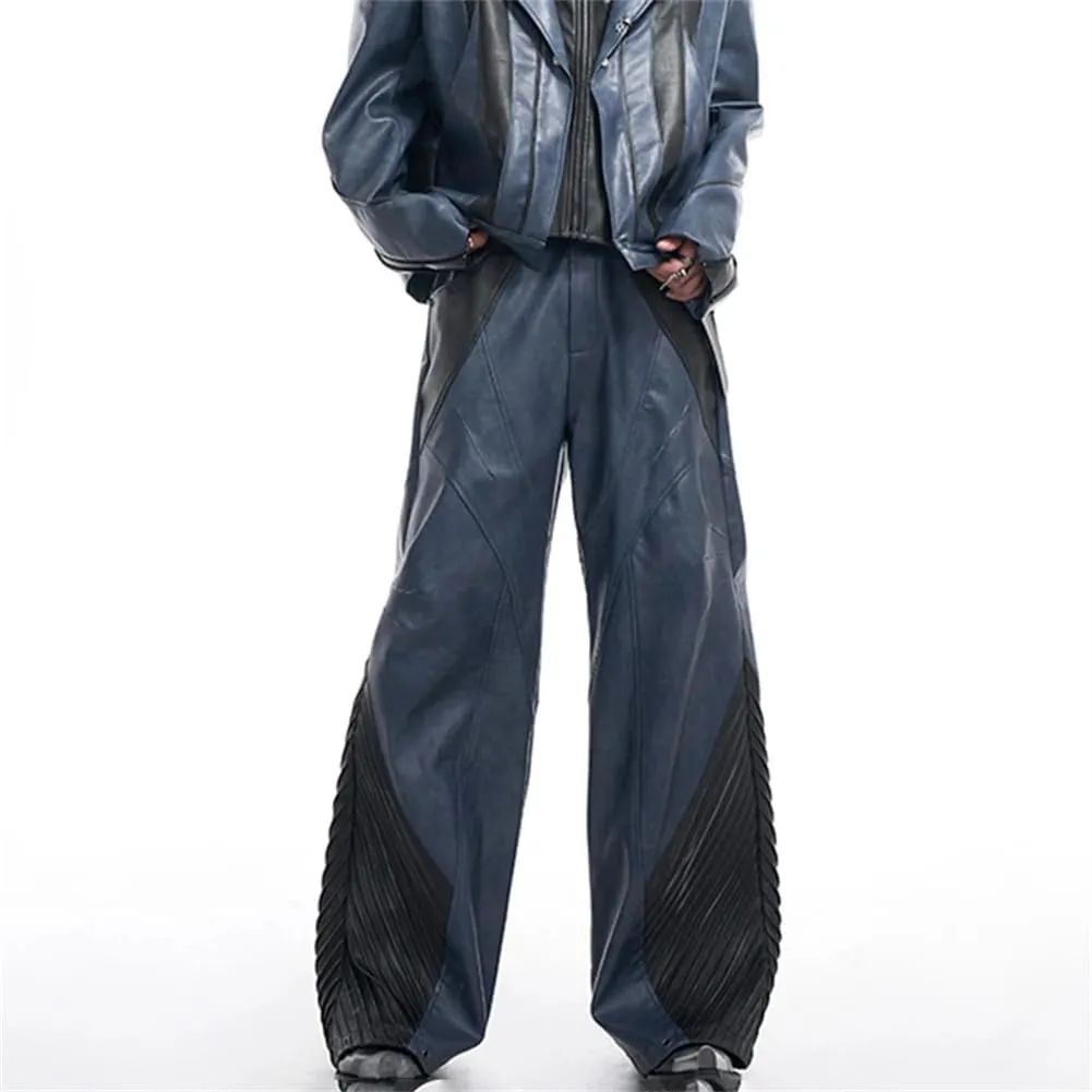 Mens Punk Style Fake Two Pieces Pu Leather Motorcycle Jacket And Patchwork Loose Straight Pants